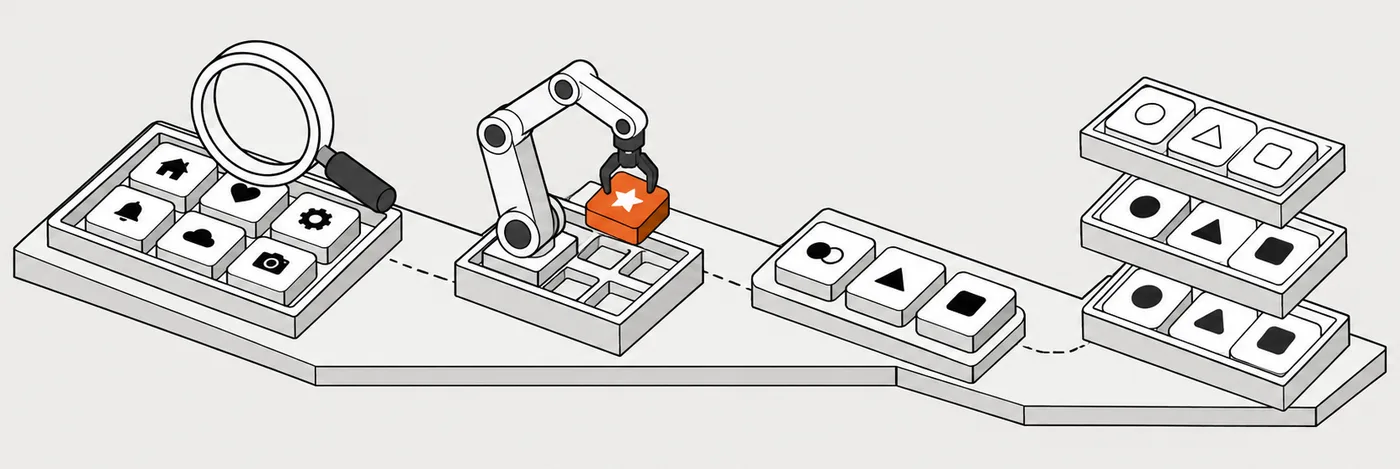 Line drawing of four icon stations: a magnifier over icon blocks, a robot arm lifting one block, brand logo blocks, and stacked icon trays